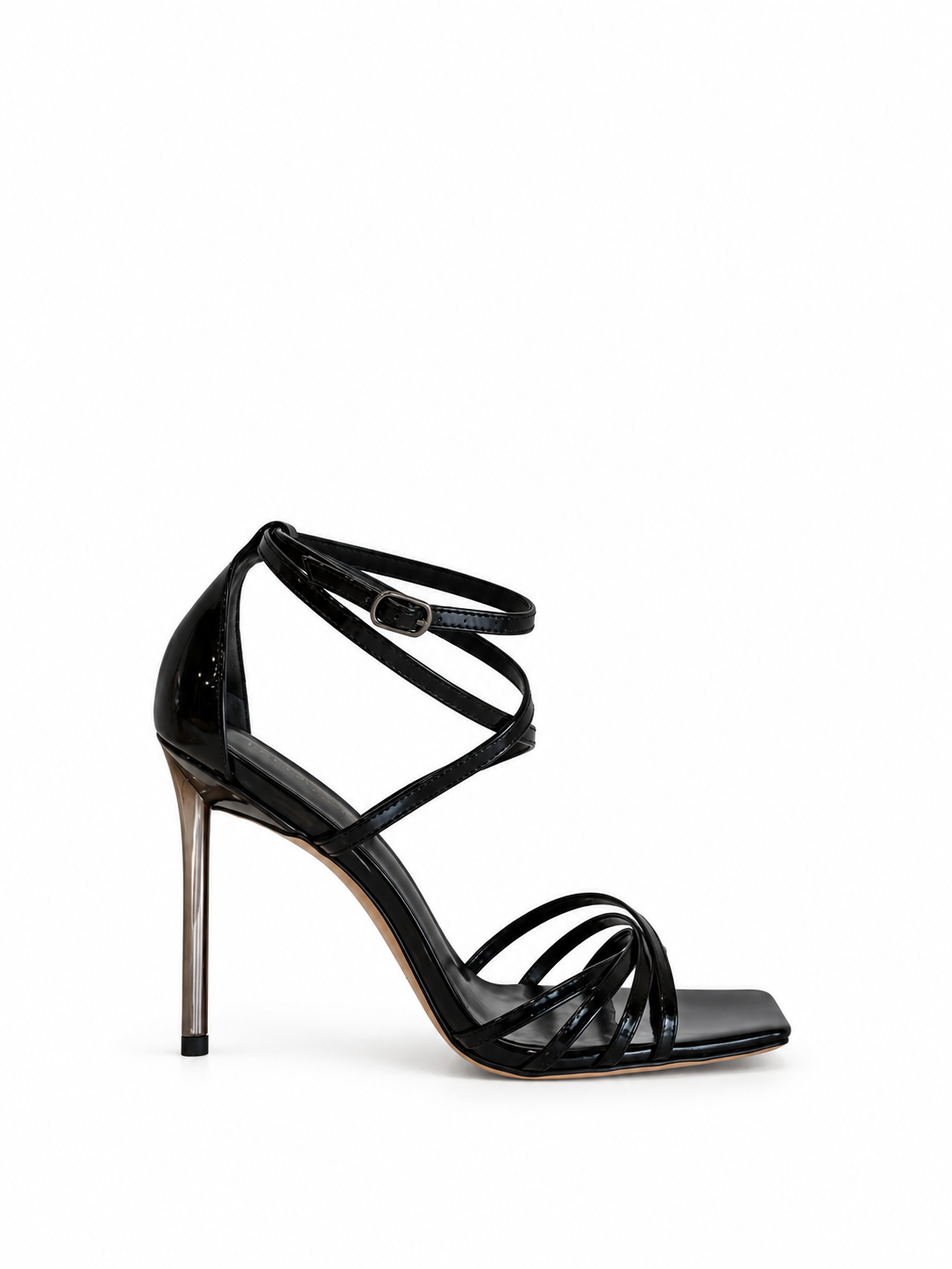 BIANCA black strappy 100mm heeled sandals with thin crossover straps