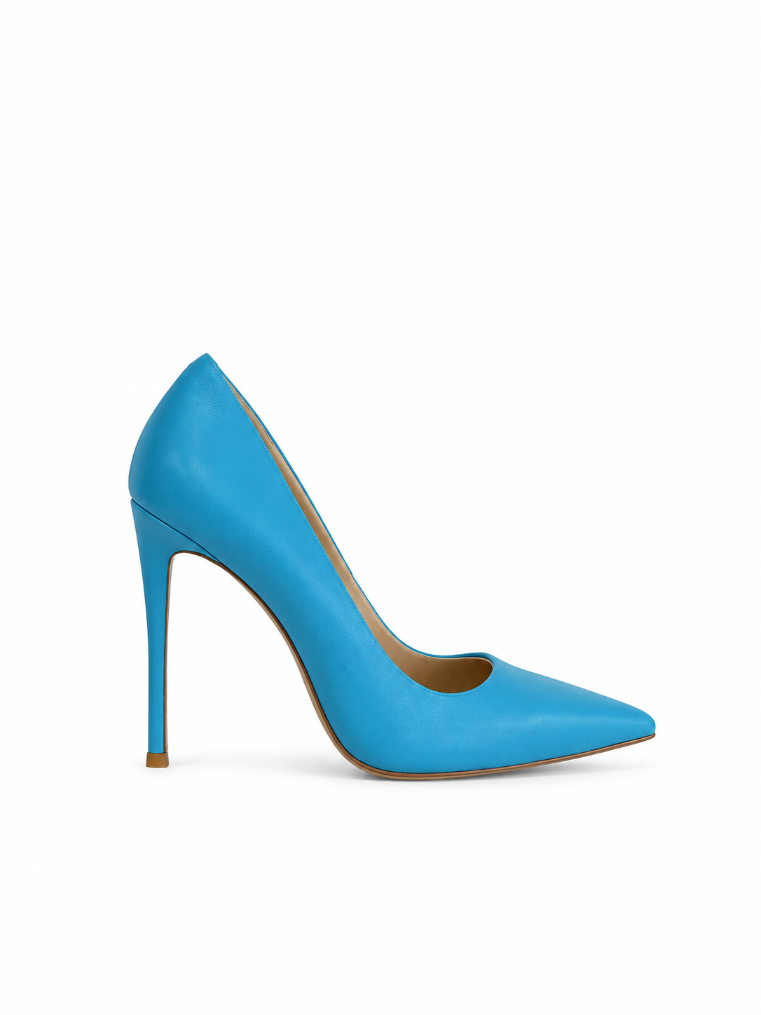 Sky blue leather pumps with pointed toe and slender stiletto heel, side view