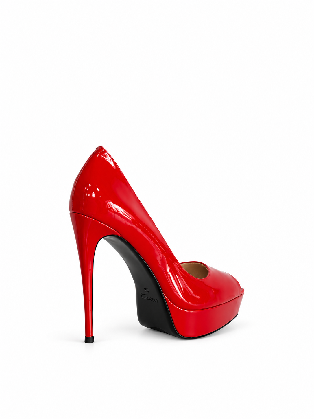 Red patent leather platform pumps with open toe and curved stiletto heel