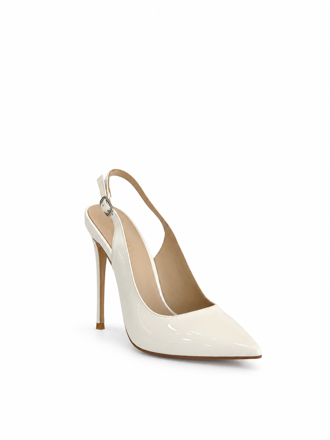 White patent leather slingback pump with pointed toe, 115mm stiletto heel