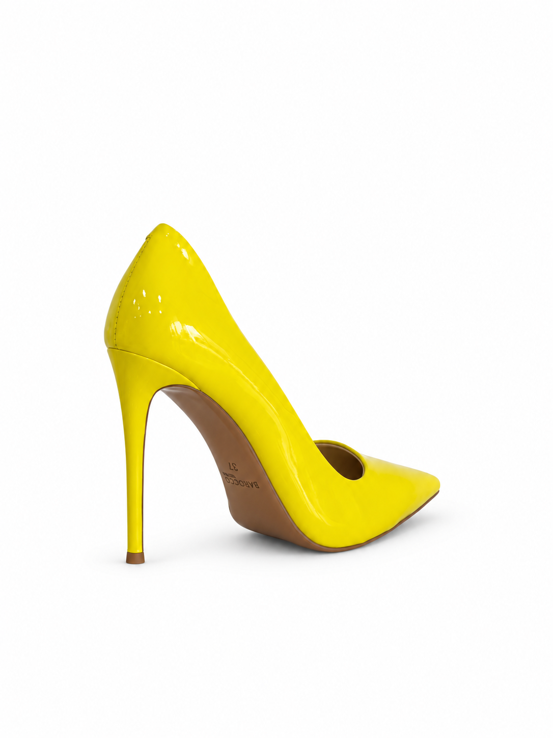 Yellow patent leather pointed-toe pumps with high stiletto heel, side view