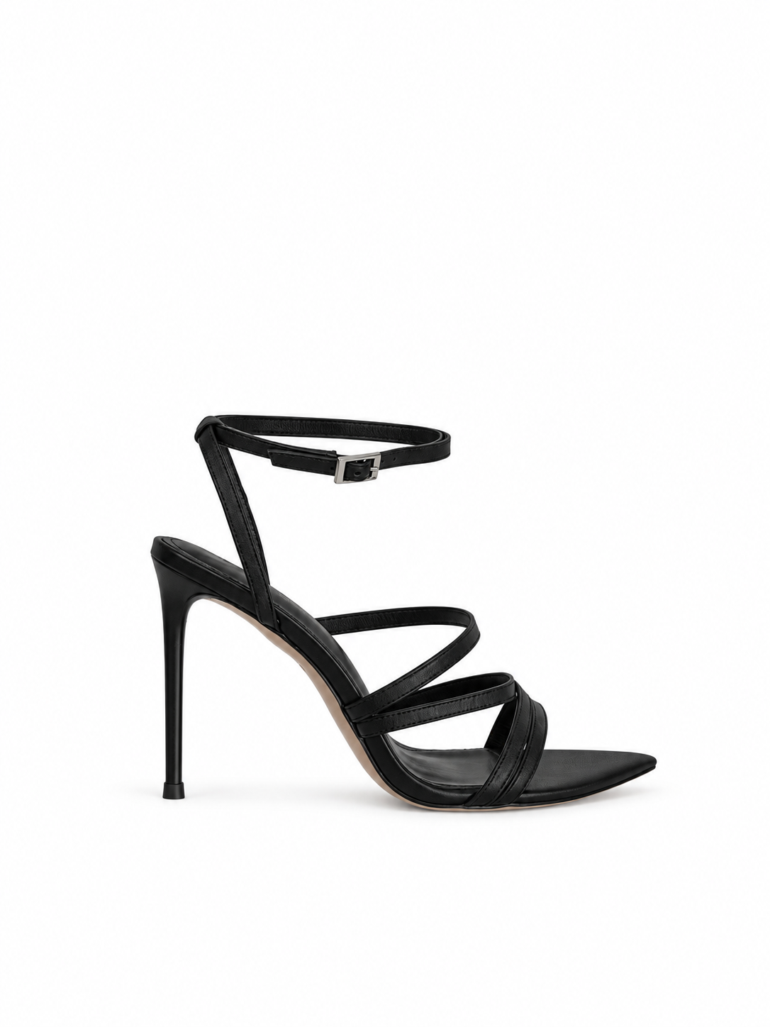 Black leather heeled sandals with ankle strap and strappy open toe, stiletto heel
