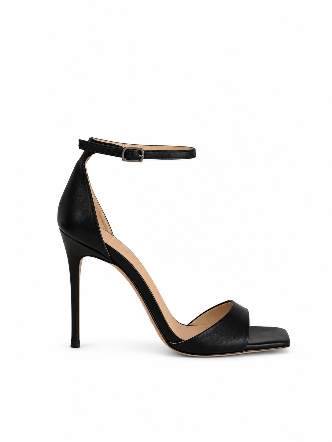 Black leather heeled sandals with ankle strap and open toe, narrow strap upper
