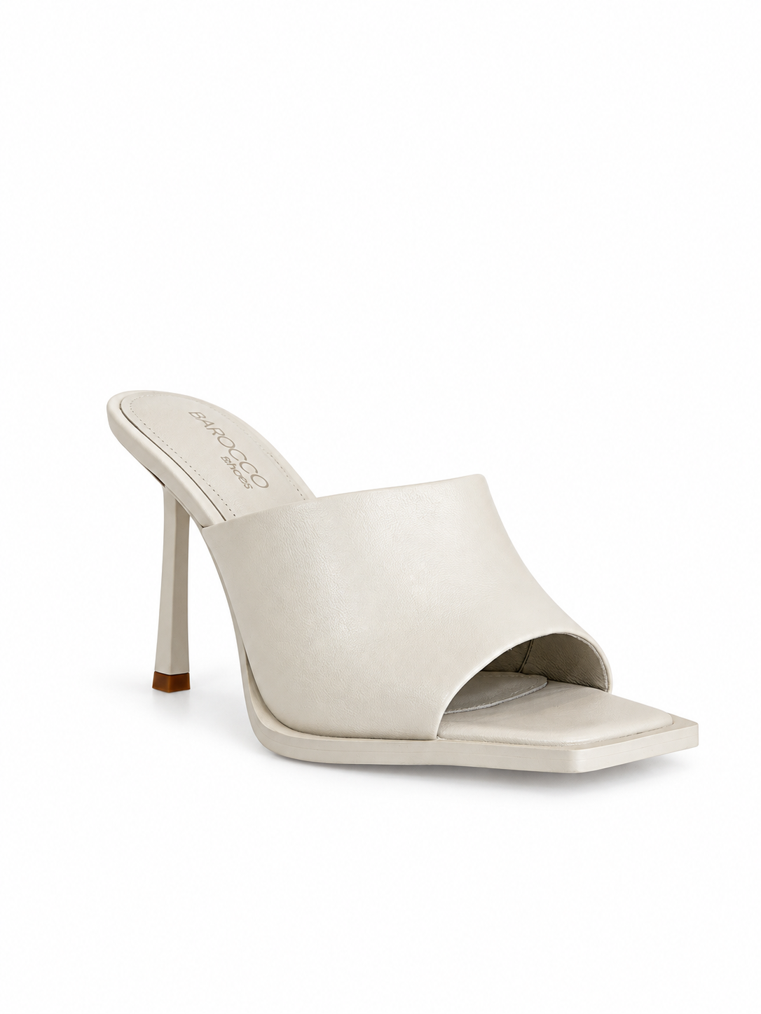 Ivory leather mule slide with open toe, cushioned footbed, 100mm stiletto heel