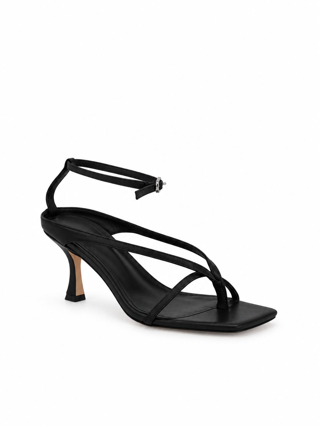 Black leather heeled sandals with ankle strap and T-strap, 70 mm heel
