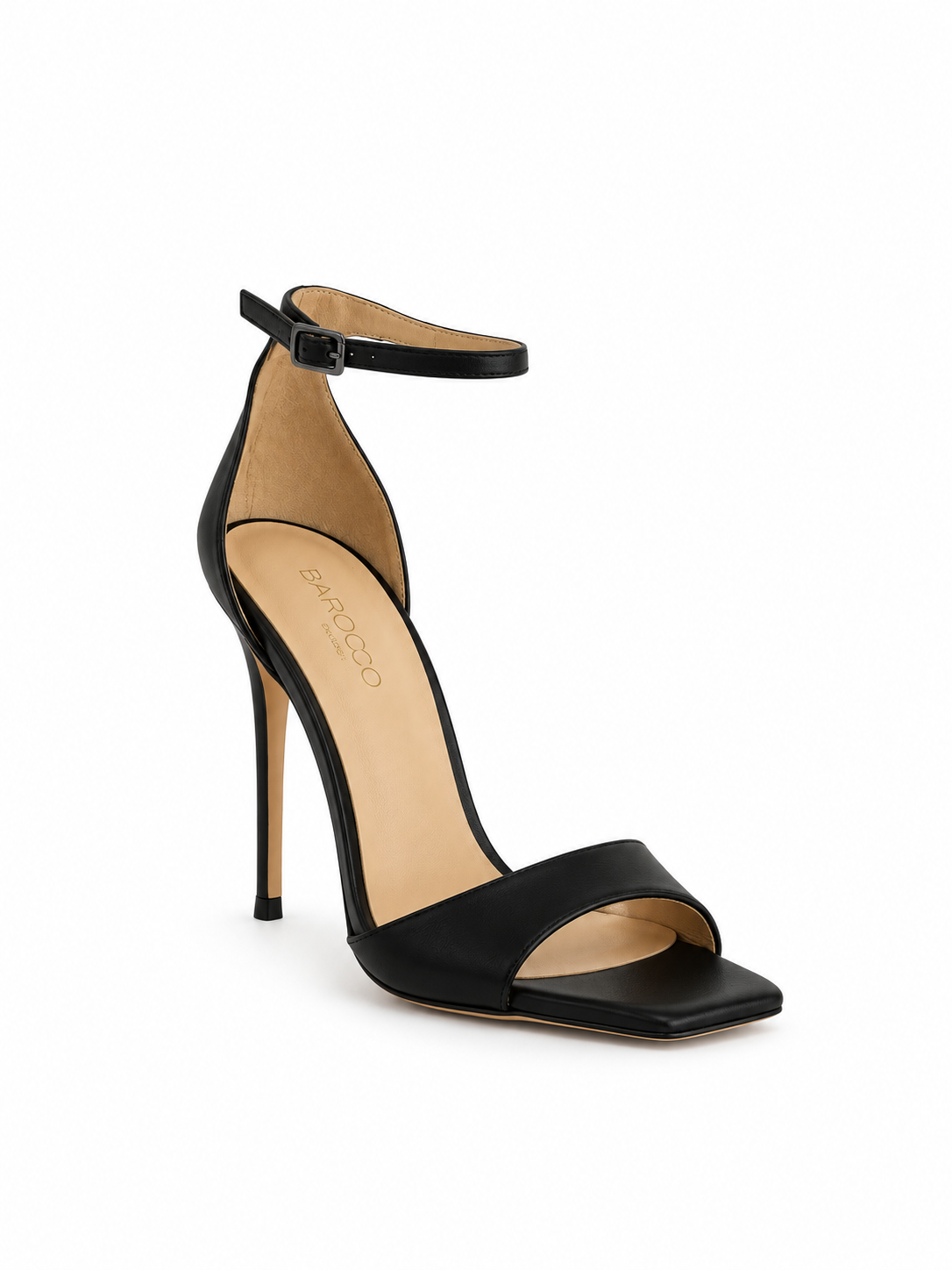 Black genuine leather heeled sandals with ankle strap, buckle, and open toe