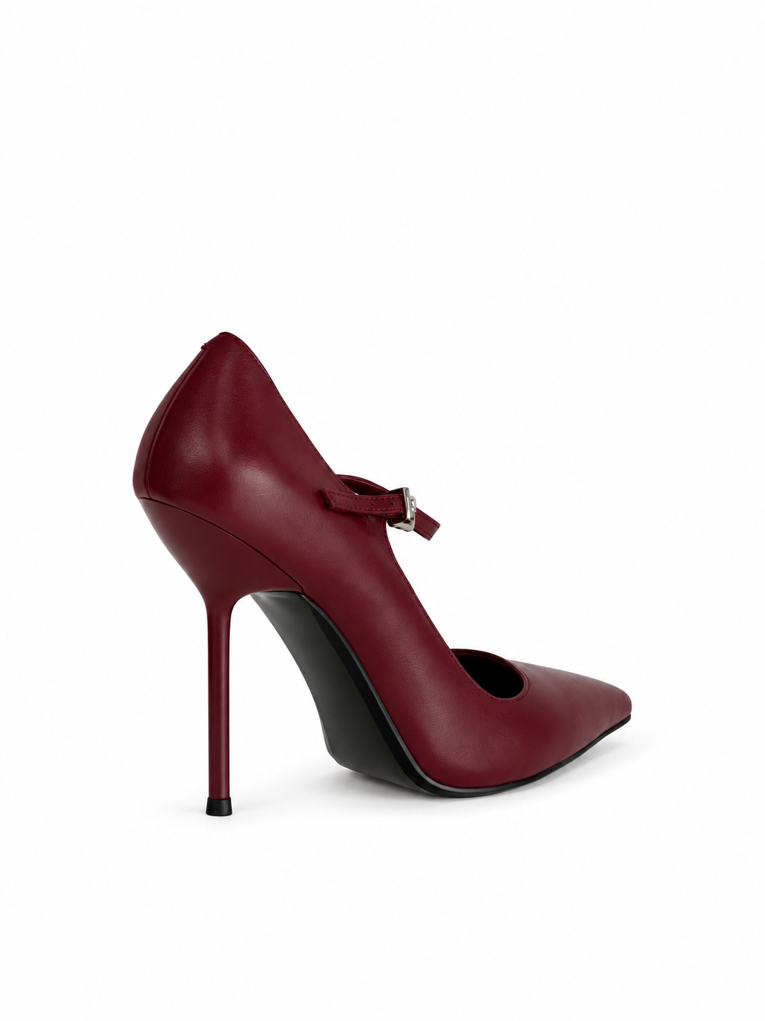 Burgundy leather Mary Jane pumps, ankle strap with buckle, stiletto heel, side view
