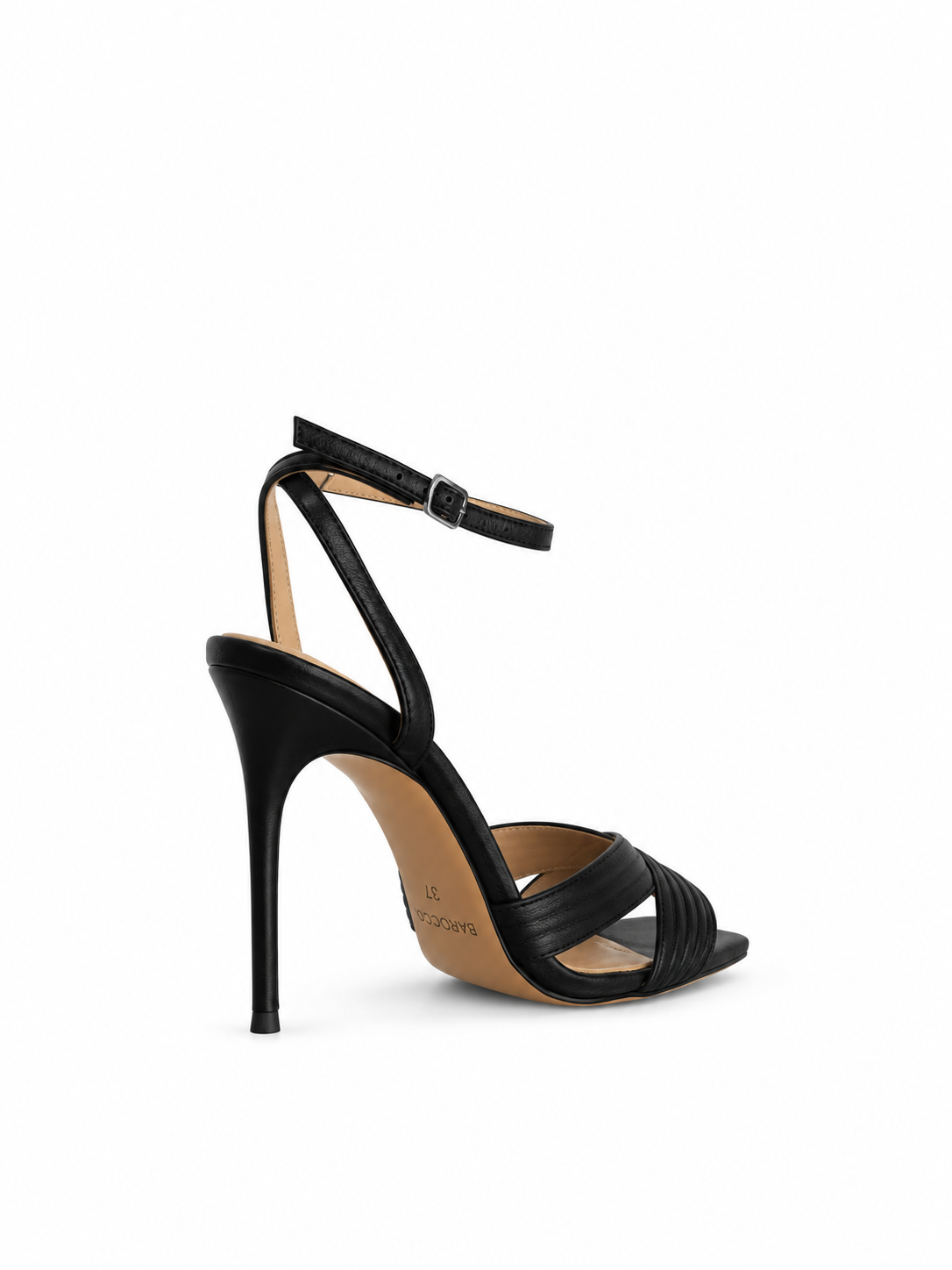 Black leather heeled sandals with cross straps, ankle buckle, open toe