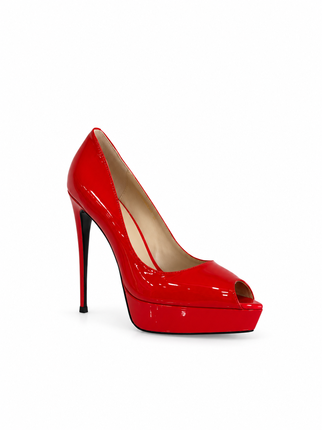 Red patent leather platform pumps with open toe and slim stiletto heel