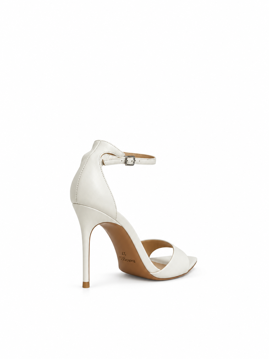 White leather heeled sandals with ankle strap buckle, open toe, stiletto heel