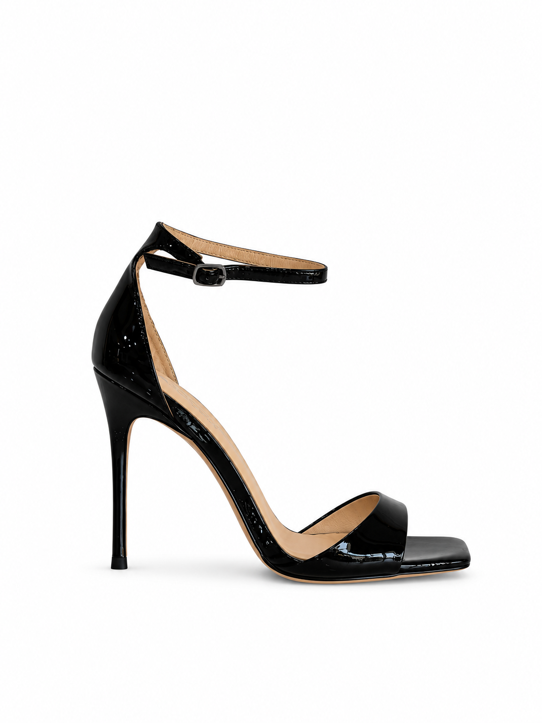 Black patent leather stilettto sandals with ankle strap, open toe, and strappy upper