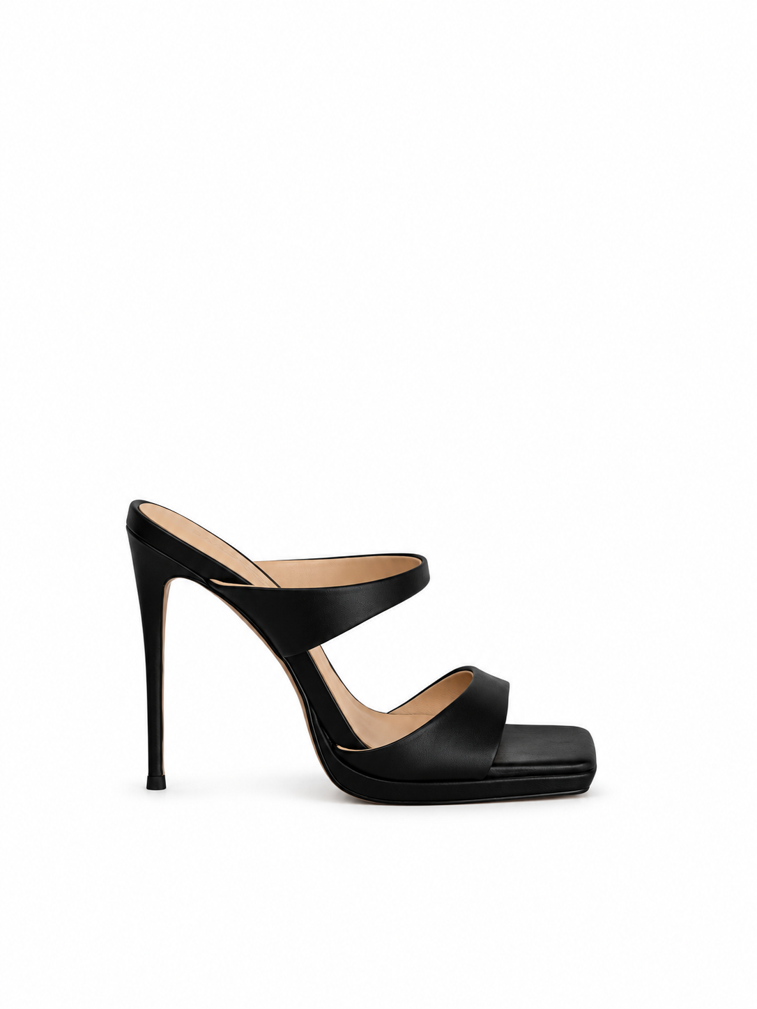 Black leather platform sandals with open toe, ankle strap, and stiletto heel