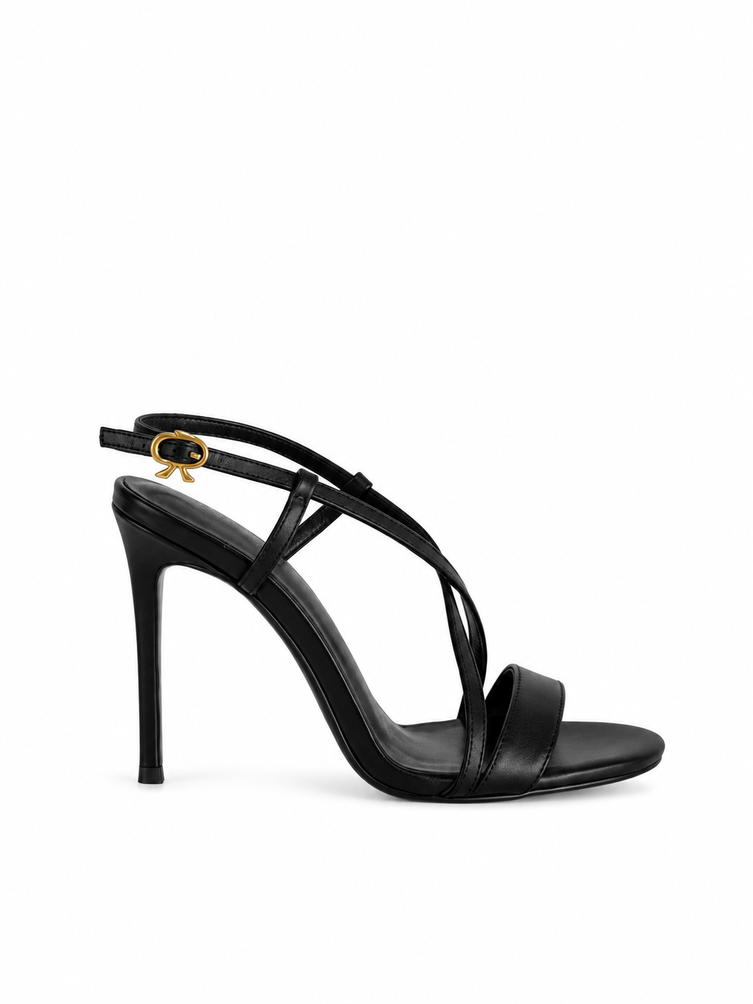 Black leather strappy heeled sandals with gold ring buckle, open toe, high stiletto heel
