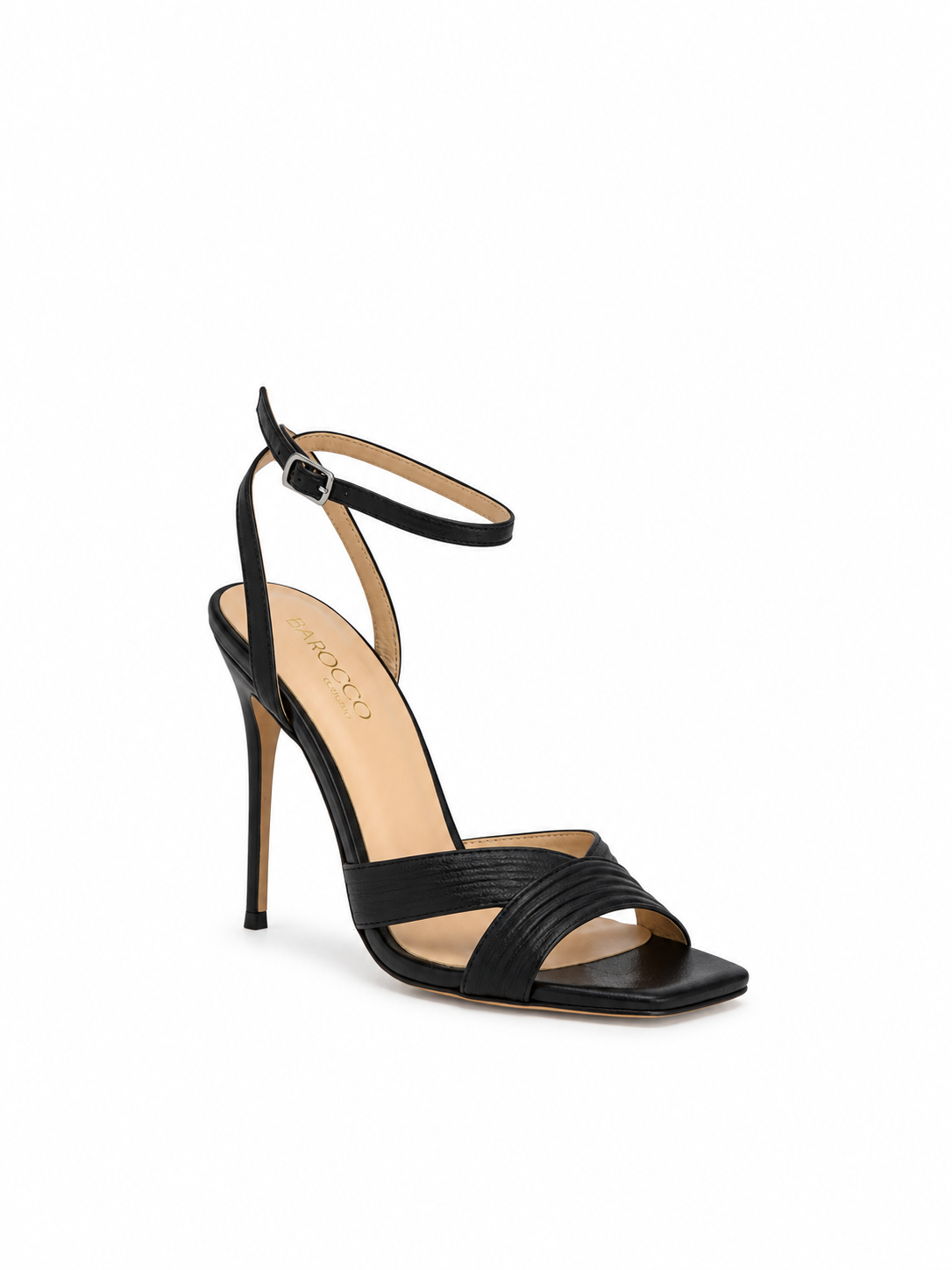 Black genuine leather heeled sandals with ankle strap and open toe