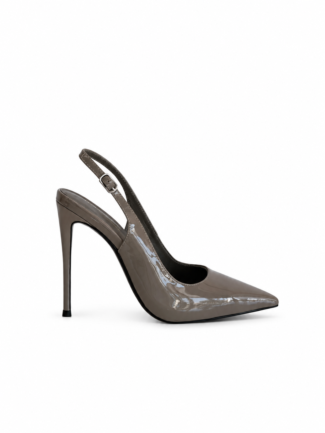 Grey patent leather slingback pump with back strap and glossy pointed toe