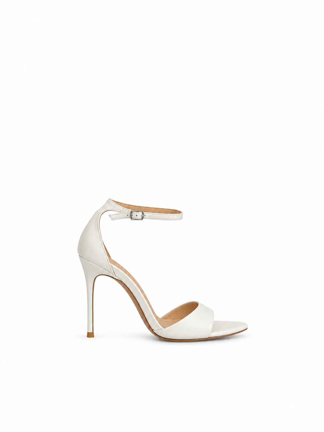 White leather open-toe heeled sandals with thin ankle strap and stiletto heel