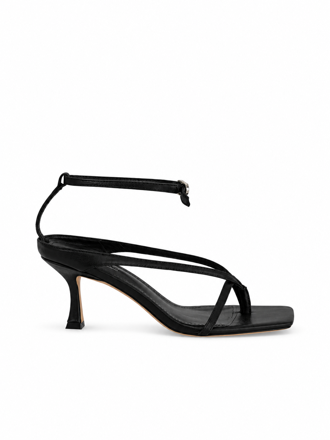 Black leather sandals with ankle strap and double straps, 70 mm heel