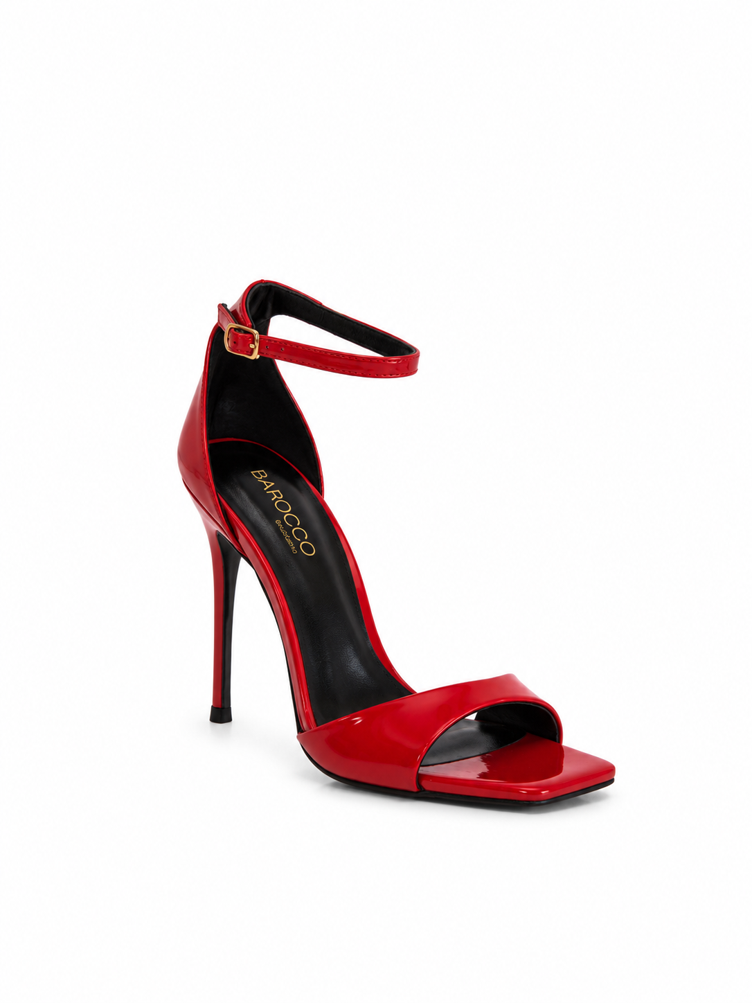 Red patent leather heeled sandals with ankle strap, buckle, and open toe