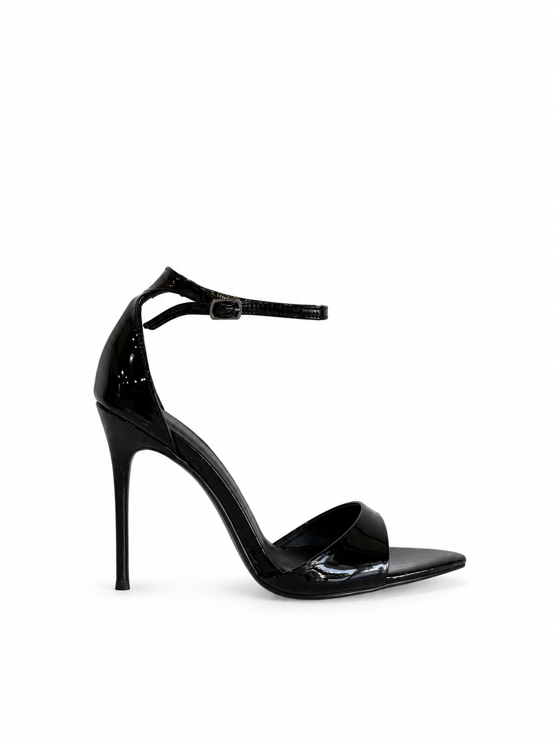 Black patent leather heeled sandal with ankle strap, open toe, sleek stiletto heel