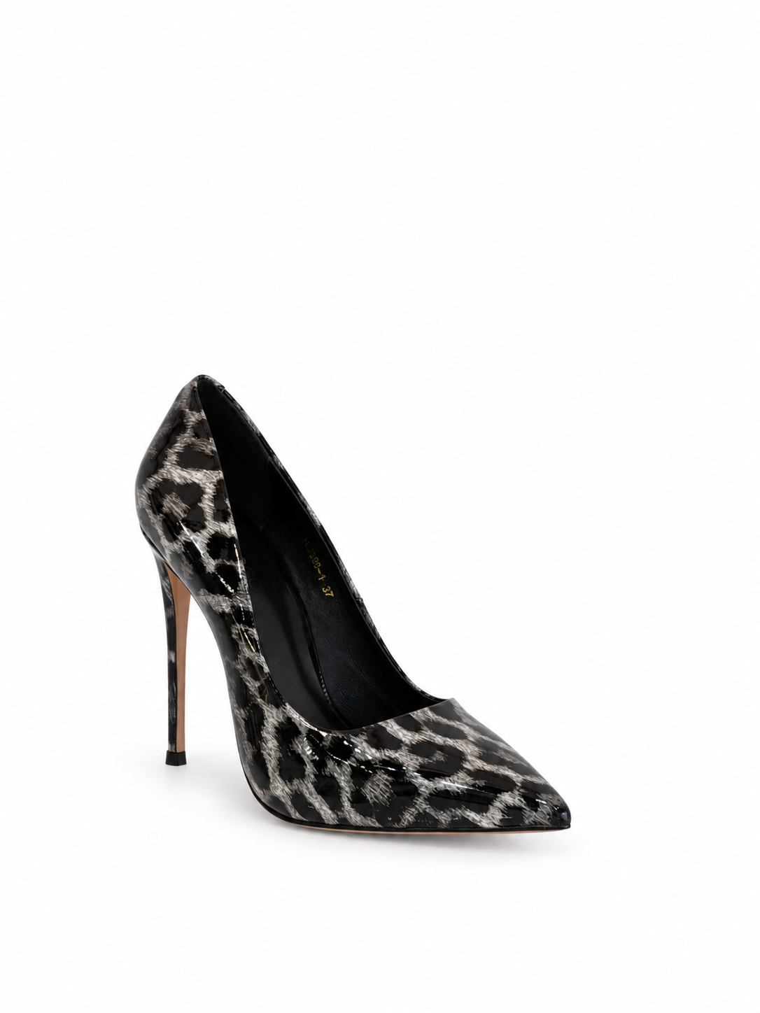 Black patent leather leopard-print pumps with pointed toe and slim stiletto heel