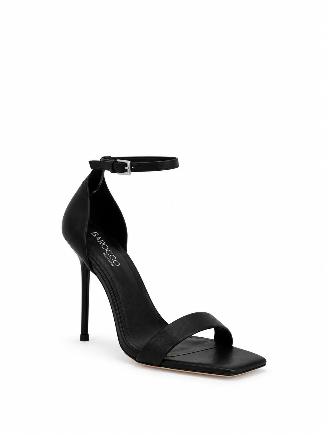 Black leather heeled sandals, ankle strap buckle, open toe, stiletto heel