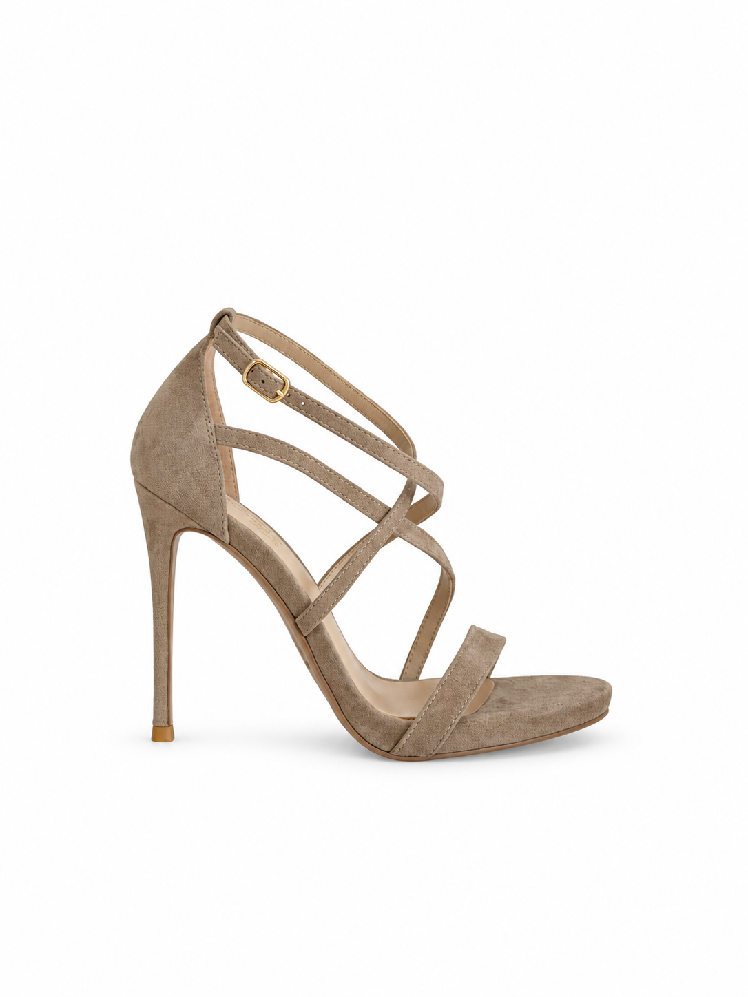 Beige suede leather heeled sandals with crisscross straps, buckle ankle, open toe
