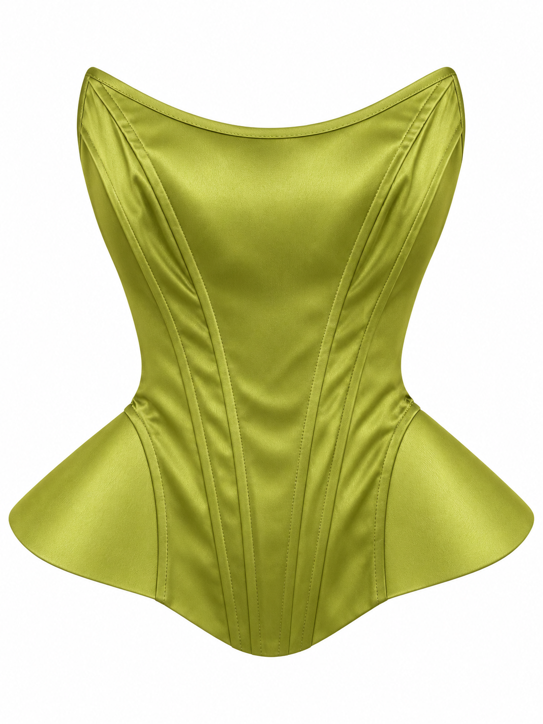 Olive green satin corset top with structured boning and sweetheart neckline