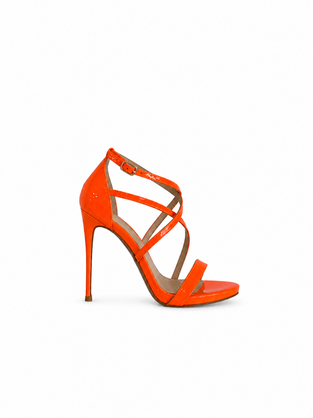 Orange patent leather open-toe sandals with crisscross straps and stiletto heel