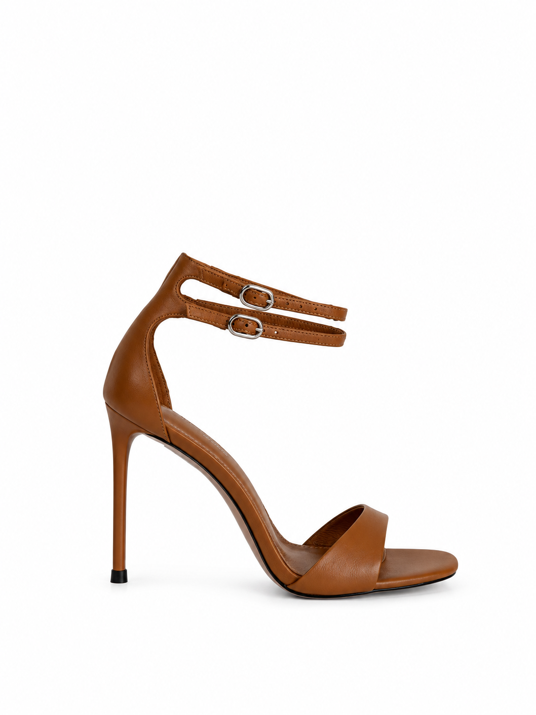 Brown leather heeled sandals with wide open toe straps and double buckle detailing