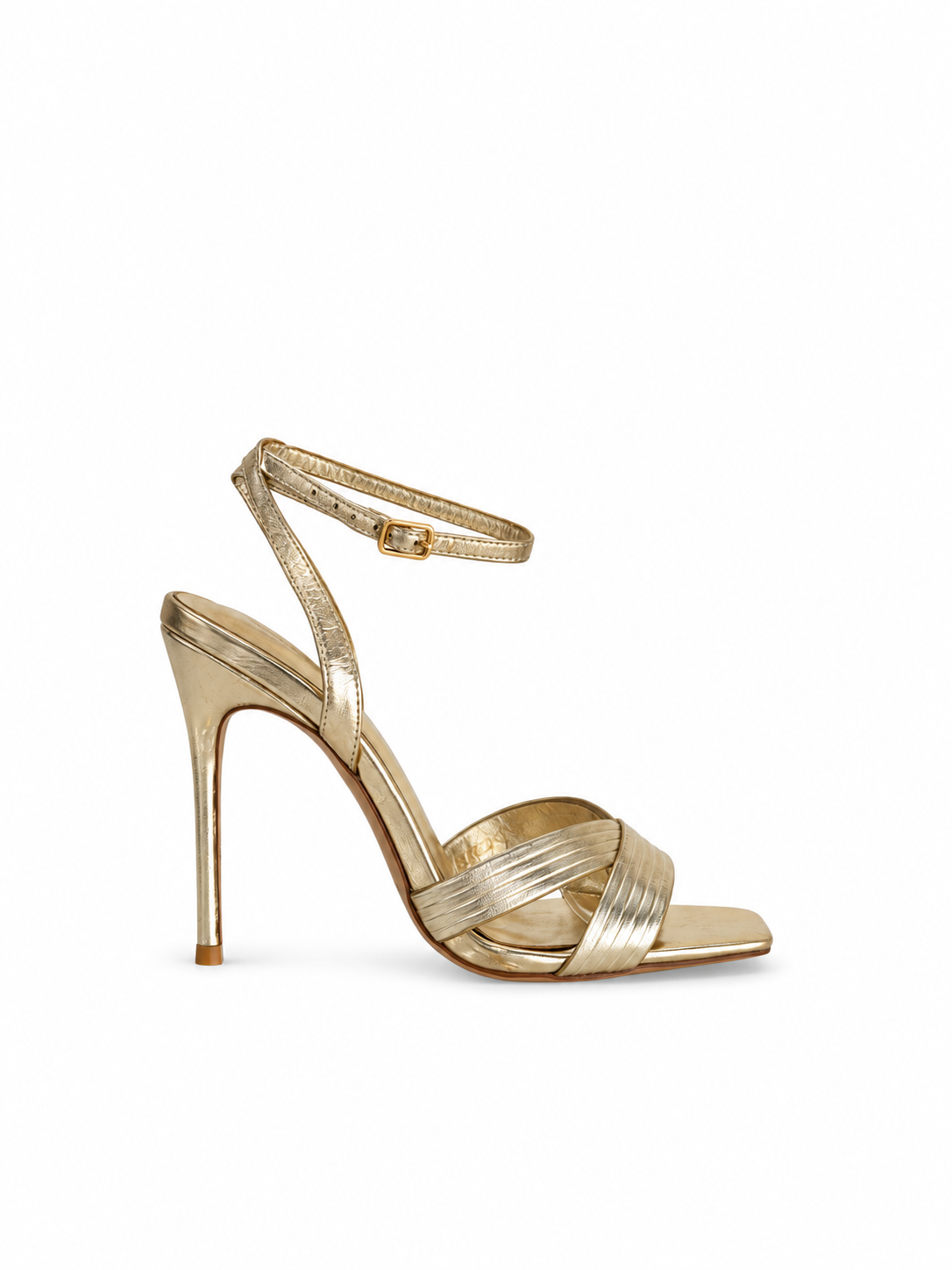 Gold leather heeled sandals with ankle strap, open toe, metallic straps at front