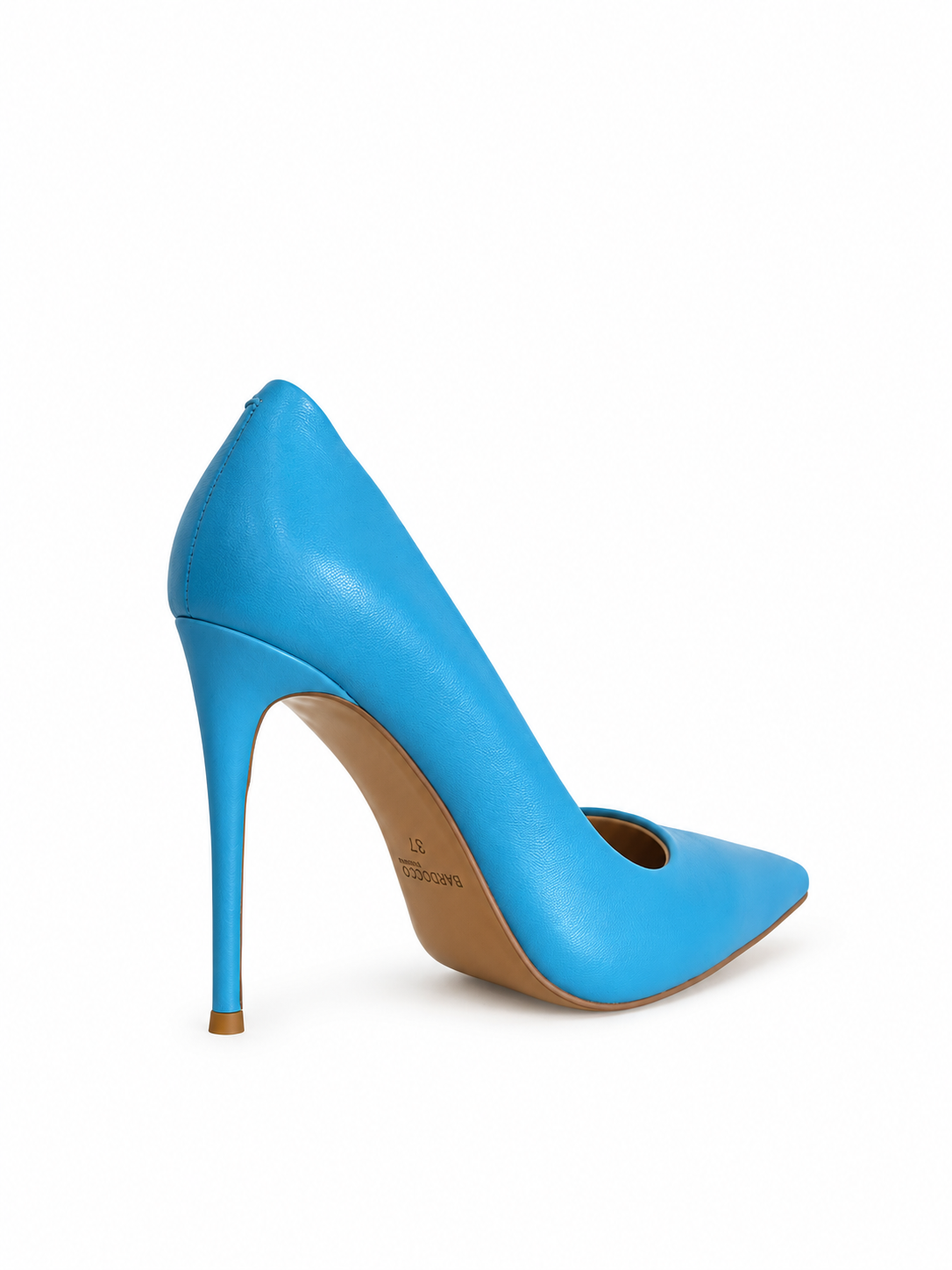 Sky blue genuine leather pumps with pointed toe, open interior, and stiletto heel