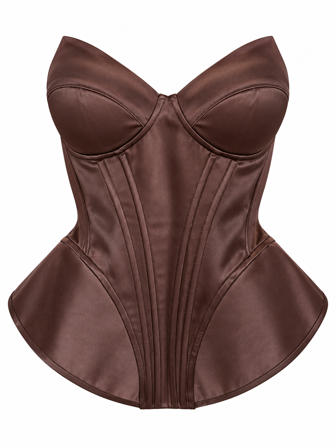 Chocolate brown satin corset top with sweetheart neckline and vertical boning