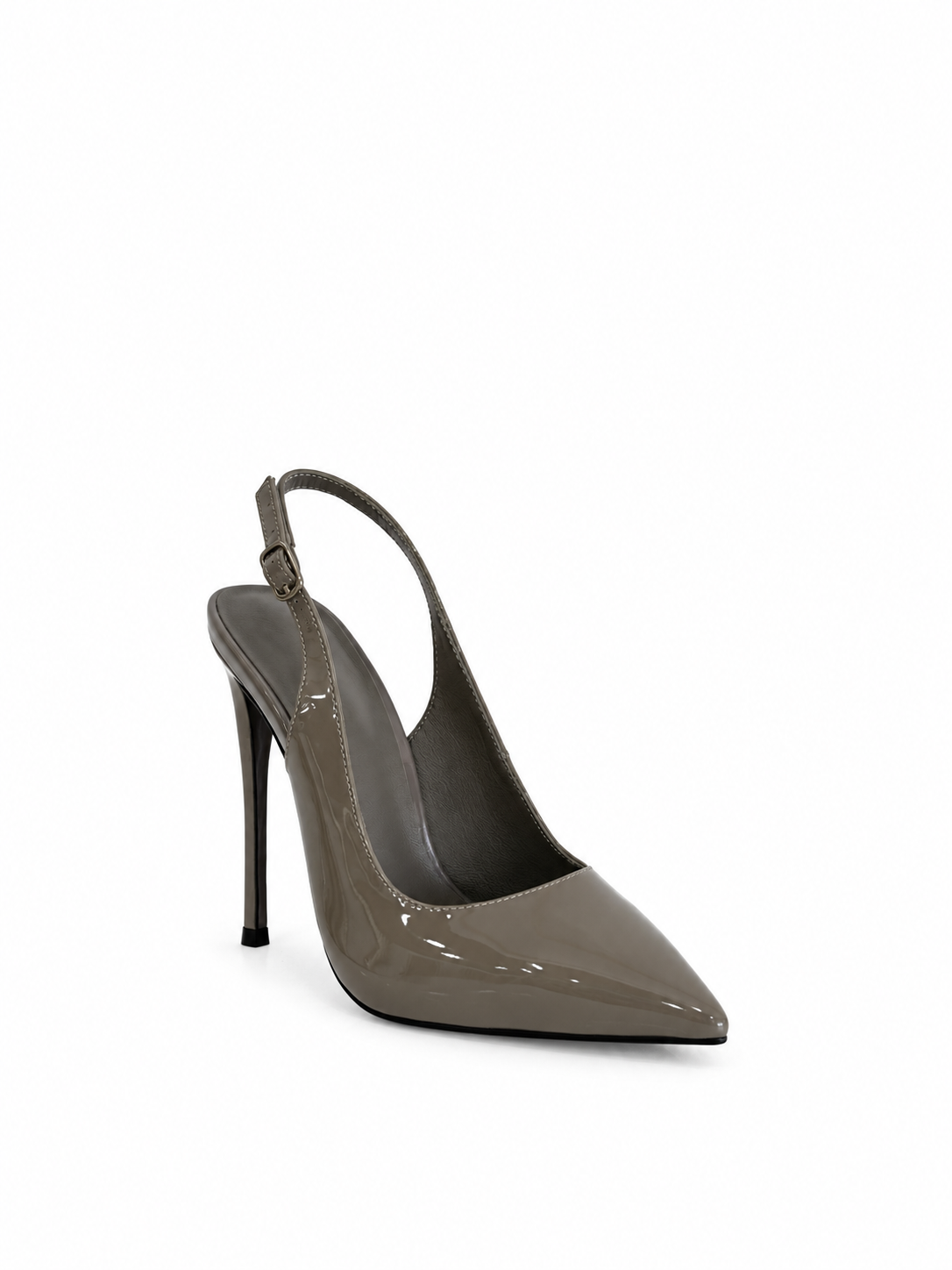 Grey patent leather slingback pump with pointed toe and stiletto heel