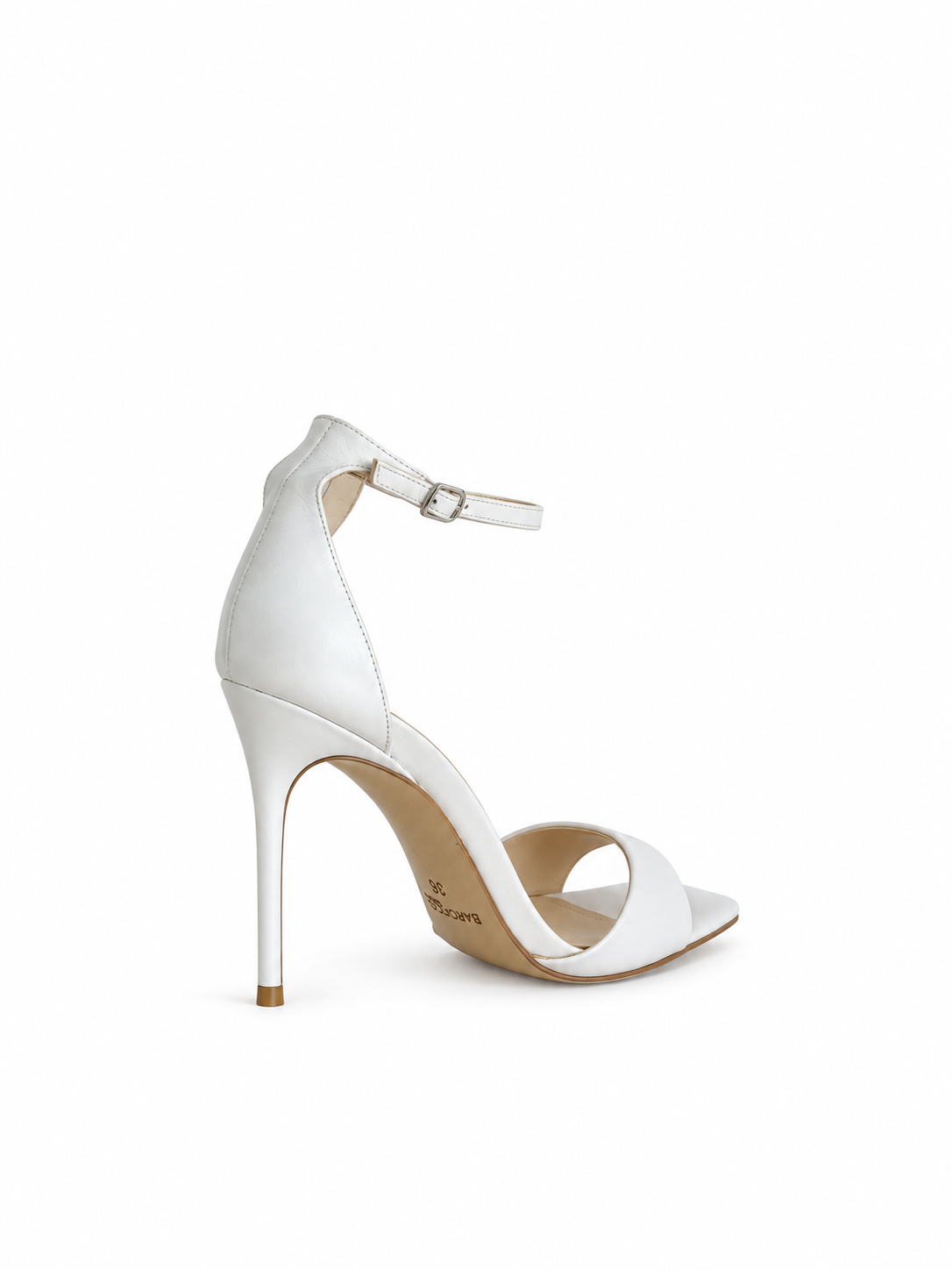 White leather heeled sandal with ankle strap and open toe, high stiletto heel