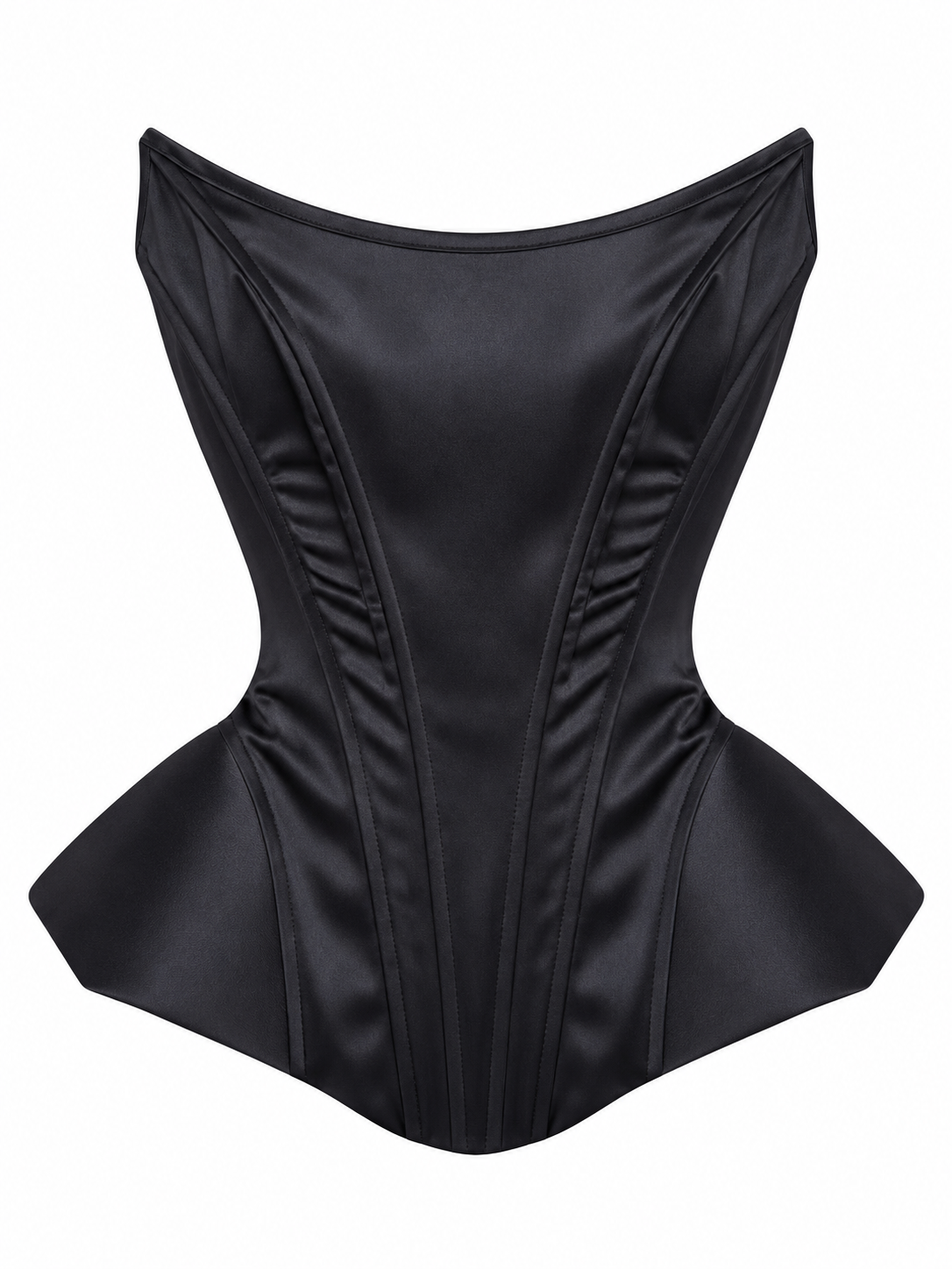Black satin corset top with boning seams