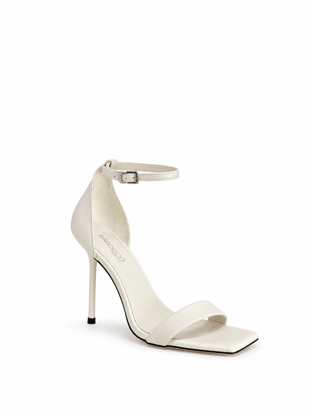 Ivory leather stiletto sandals with ankle strap and open toe, side view