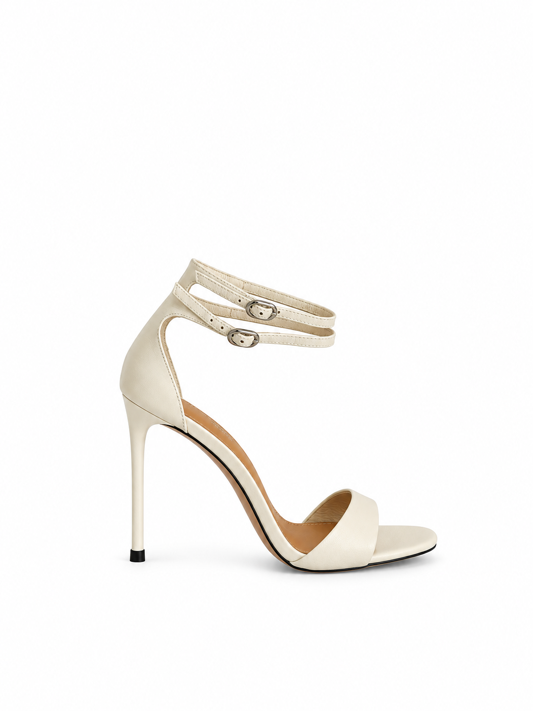 Ivory genuine leather heeled sandals with ankle strap and open toe, slim stiletto heel