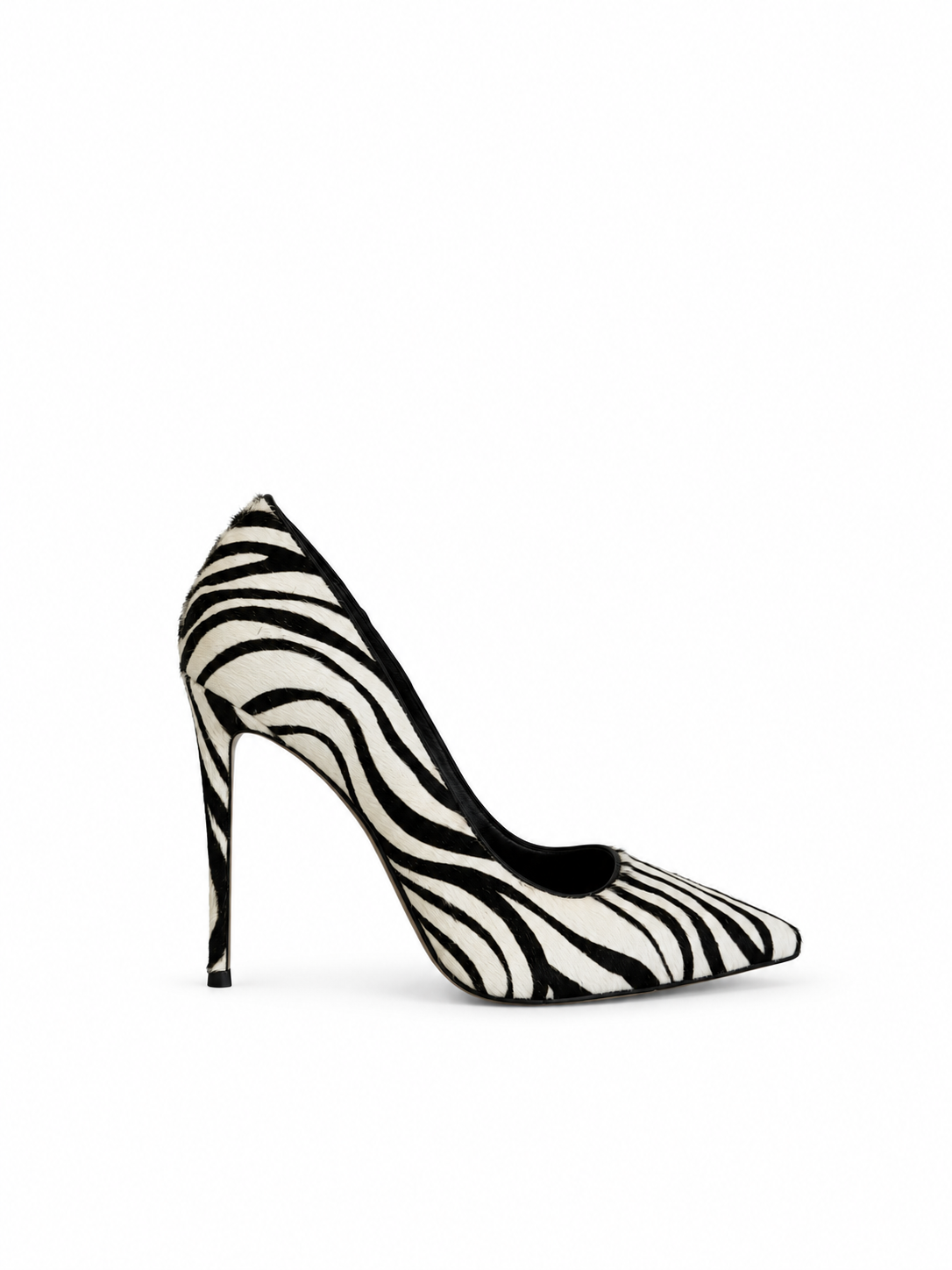 Zebra-print pony-hair pointed-toe pumps with stiletto heel, three-quarter view