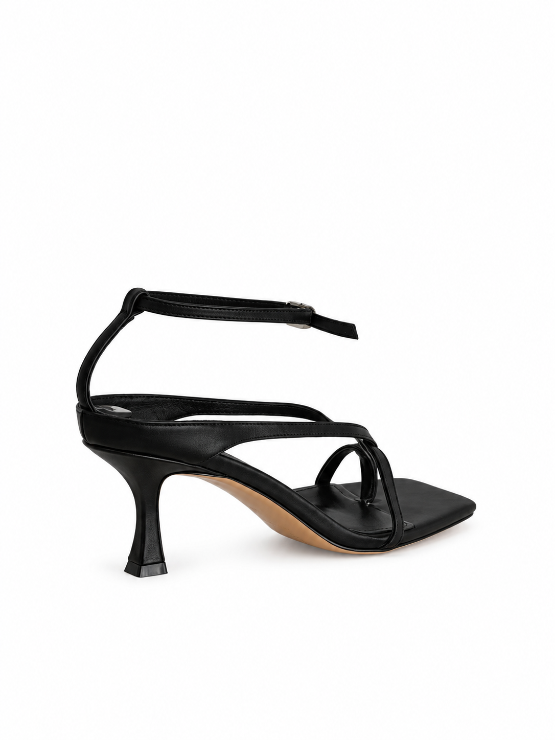 Black leather sandals with ankle strap, crisscross straps, 70 mm heel