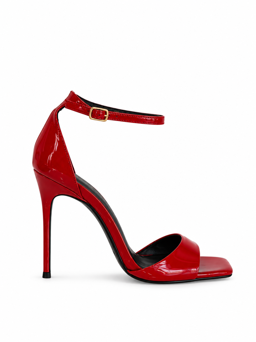 Red patent leather open-toe heeled sandal with ankle strap and high stiletto heel