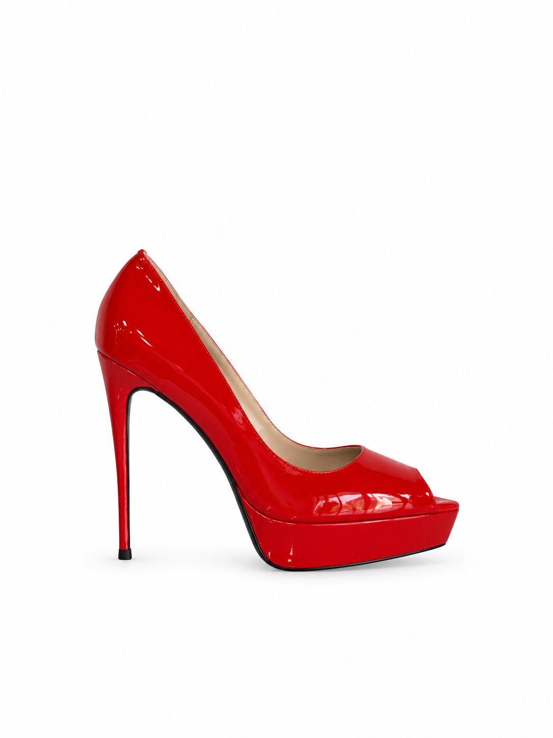 Red glossy patent leather platform pumps with open toe and stiletto heel