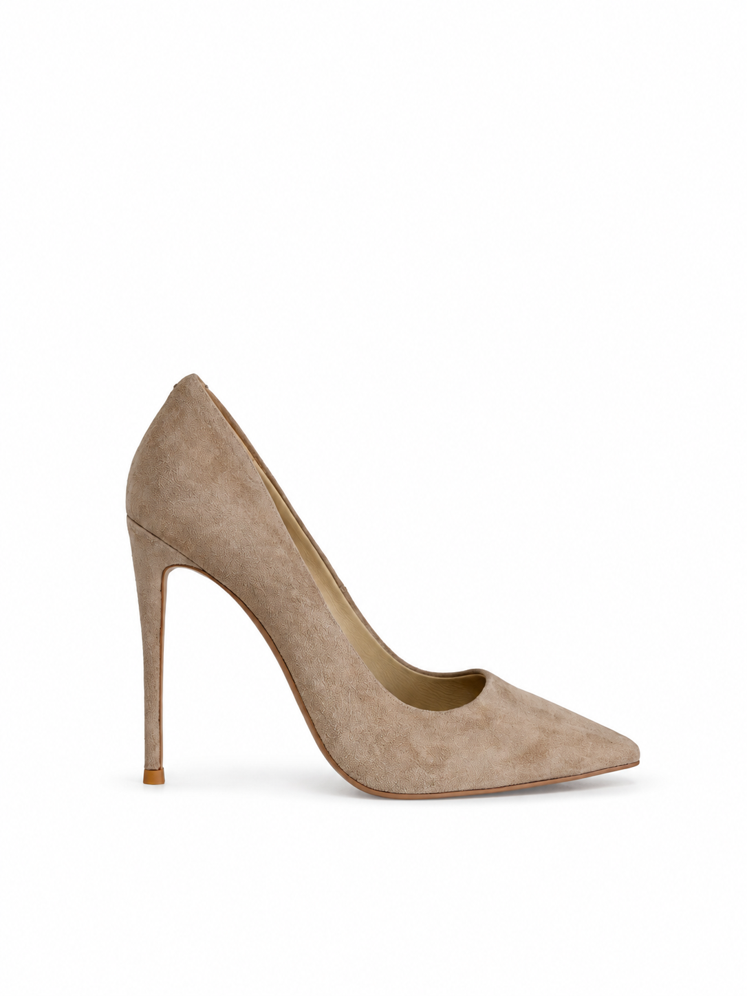 Beige suede leather pumps with pointed toe, curved topline, and stiletto heel