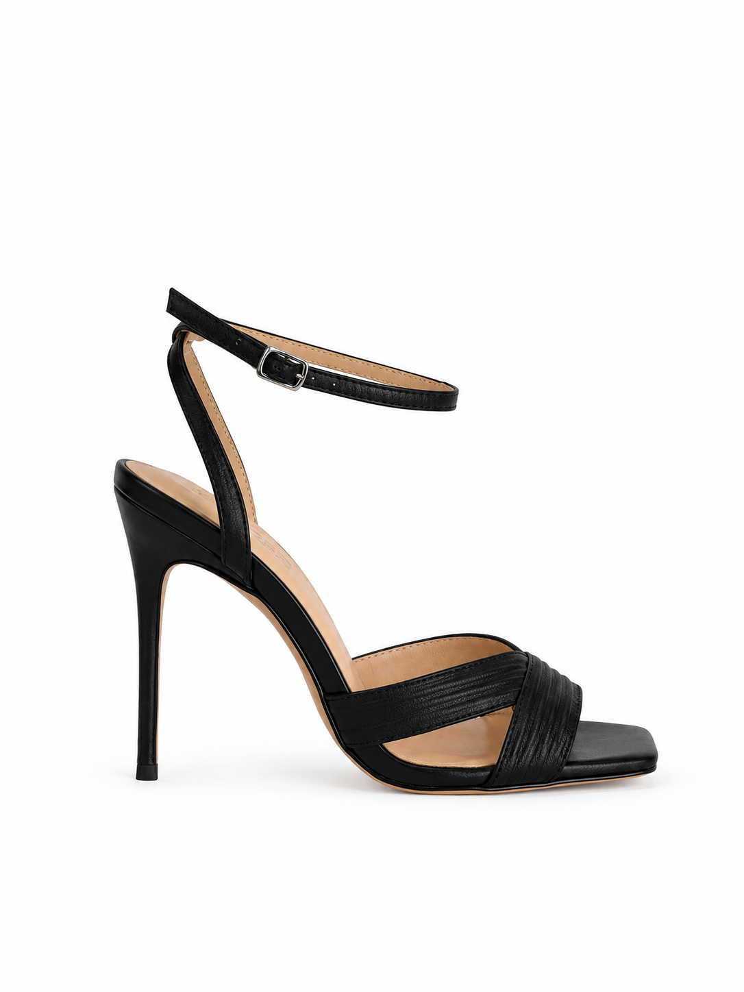 Black genuine leather heeled sandals with wide crisscross strap and ankle strap