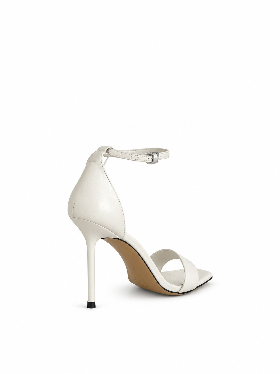 White leather heeled sandals with ankle strap, open toe and thin stiletto heel