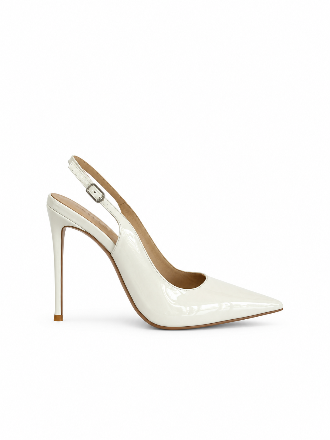 White patent leather slingback pump with buckle strap and pointed toe, 115mm heel