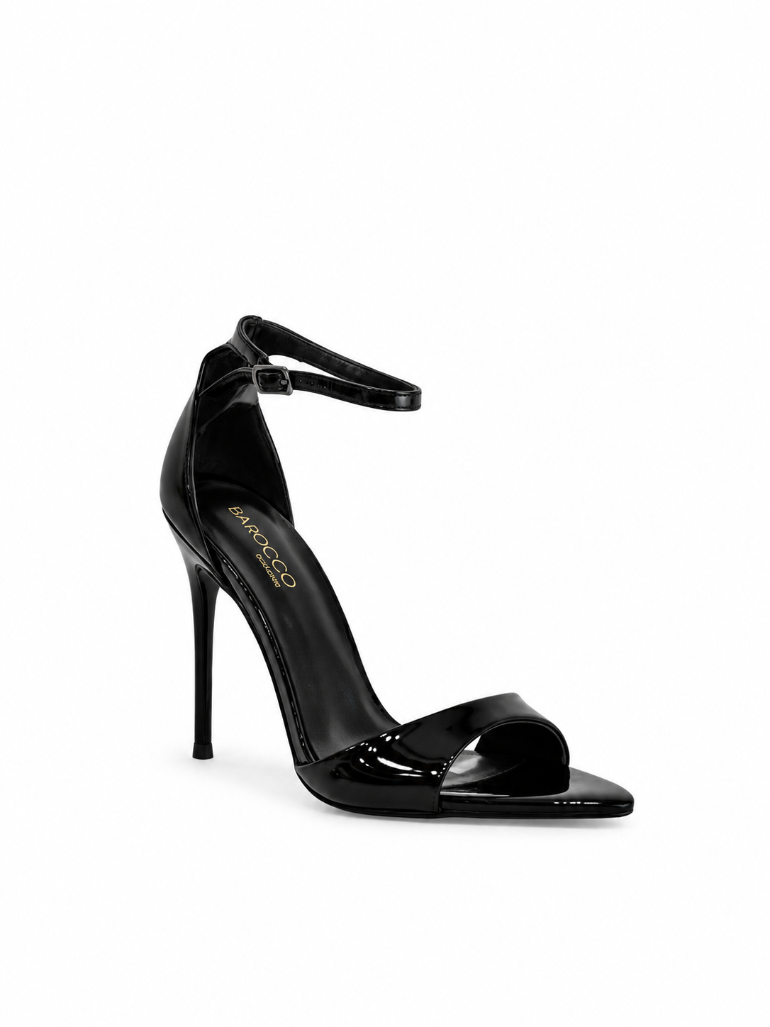 Black patent leather heeled sandal with ankle strap and open toe, stiletto heel
