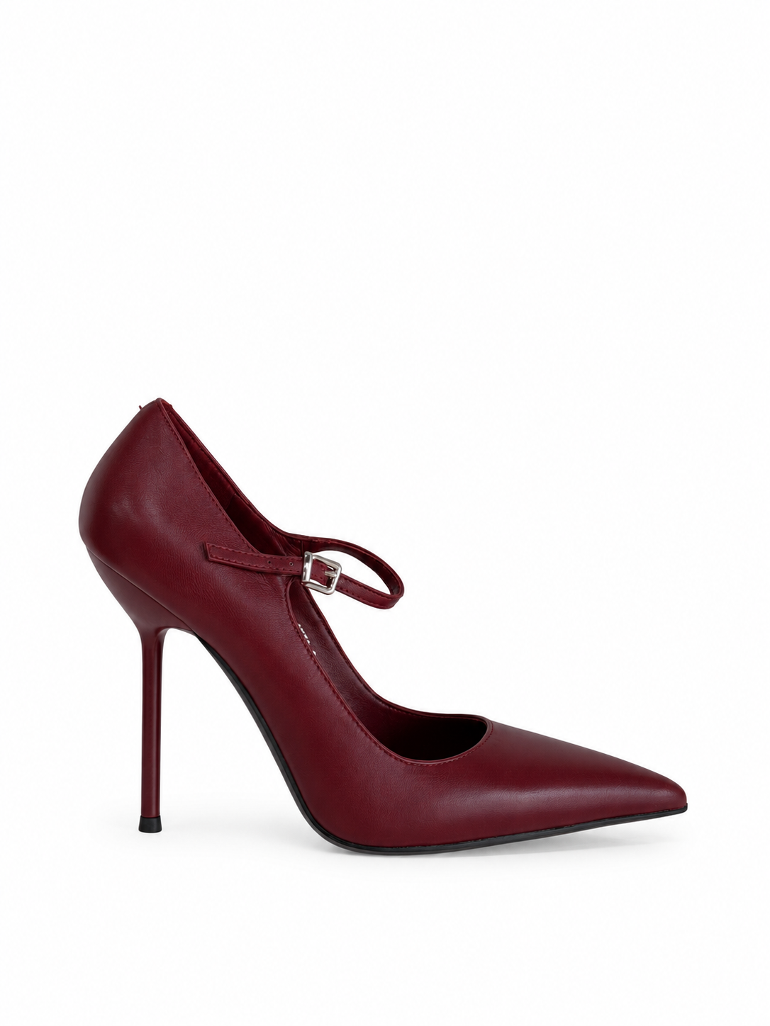 Burgundy leather Mary Jane pumps with pointed toe, ankle strap and buckle, stiletto heel