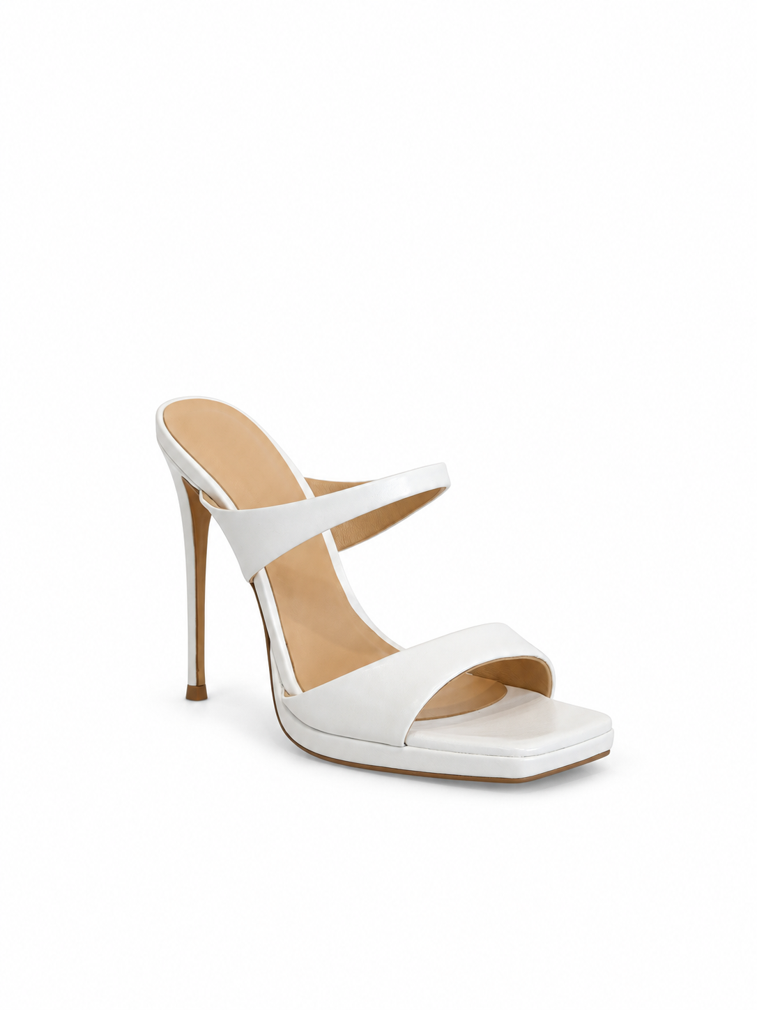 White leather heeled sandals with wide strap and open toe, stiletto heel