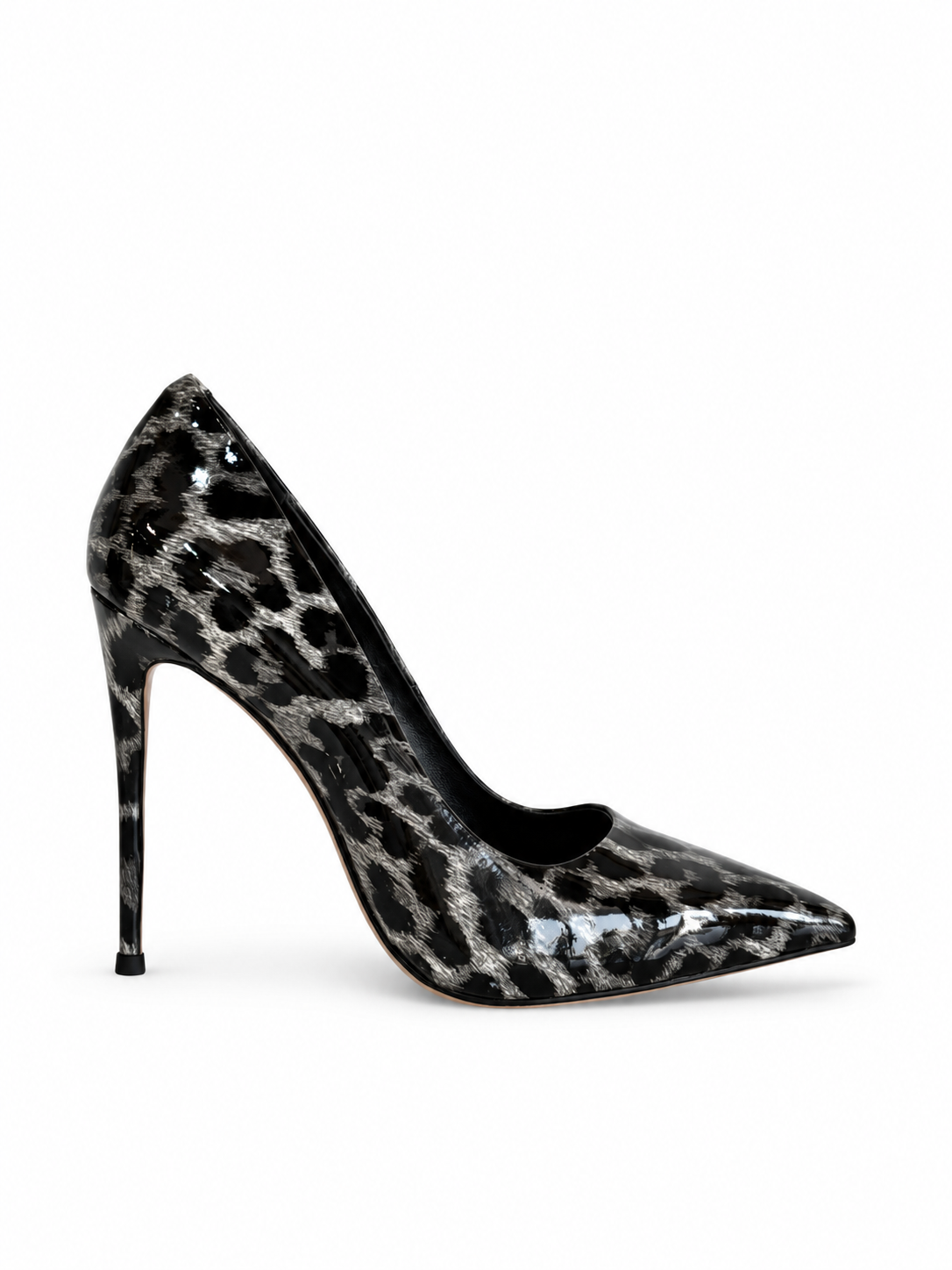 Black leopard-print patent pumps with pointed toe and high slim stiletto heel