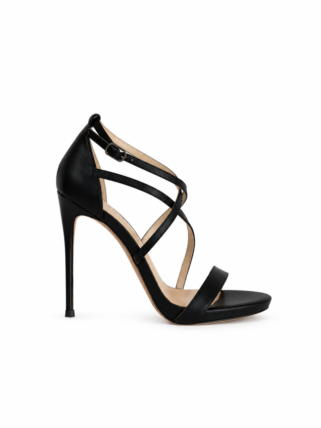 Black leather strappy heeled sandals with open toe and thin stiletto heel